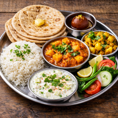 Combo Special Thali (5 Roti,Rice,1Rasili Sabji,1Sukhi sabji,only1gulab jamun,Rayta,Salad)
