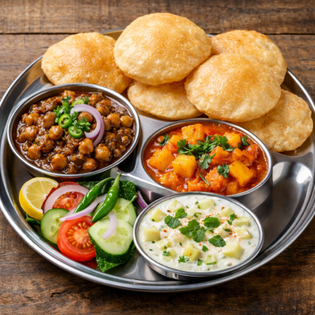 5 Puri Chole Tamatar Aloo Aur Rayta Salad